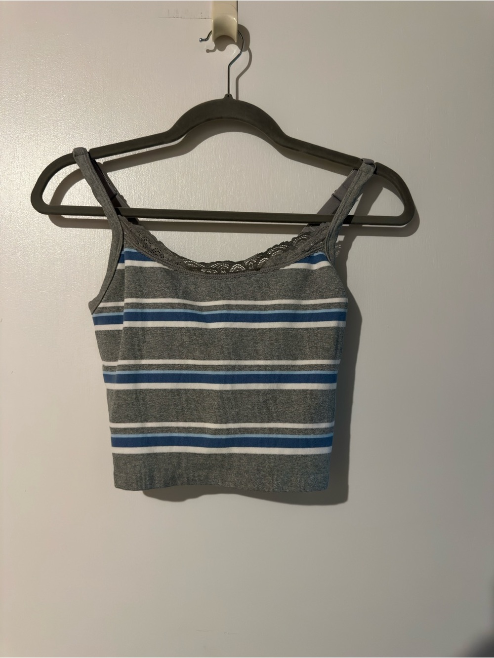 aerie Gray, Blue & White Striped Lace-Trim Cropped Tank